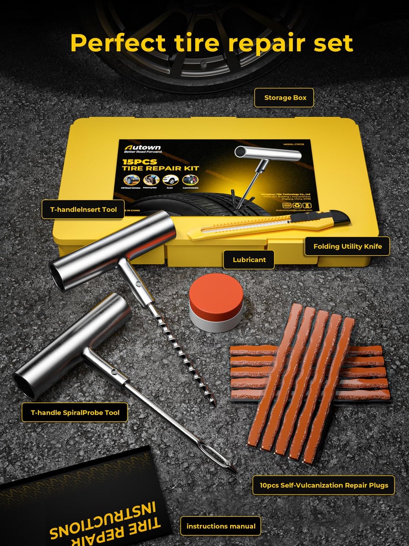 AUTOWN Tire Repair Kit with Plugs Fix Punctures & Plug Flats with Ease - Heavy Duty Flat Tire Puncture Repair Kit for Car  Motorcycle  ATV  UTV  RV  Trailer  Tractor  Jeep  Etc - Image 2